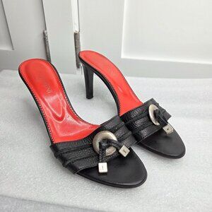 Women's YSL Rive Gauche Black Leather Buckle Mule Heels - Size 38 - VINTAGE